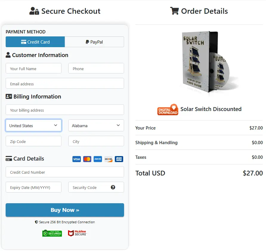 Solar Switch checkout page